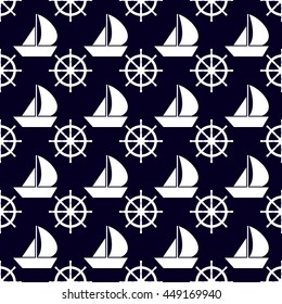 Marine and nautical backgrouns in blue and white colors. Sea theme. Cute seamless patterns design. Vector illustration.