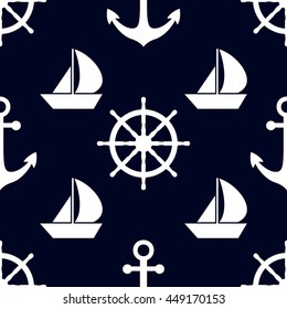 Marine and nautical backgrouns in blue and white colors. Sea theme. Cute seamless patterns design. Vector illustration.