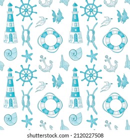 Marine nautical doodle elements seamless pattern. Cartoon style vector illustration.