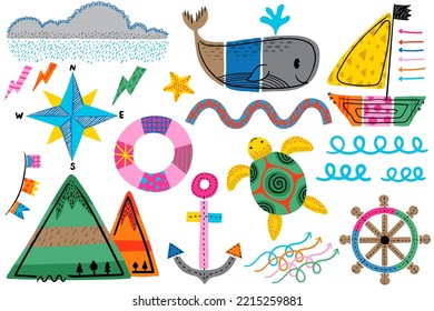 Marine nautical doodle hand drawn vector illustration with the elements