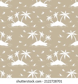 Marine nautical doodle islands, shark fins and seagulls seamless pattern. Cartoon style vector illustration.