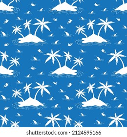 Marine nautical doodle islands, shark fins and seagulls seamless pattern. Cartoon style vector illustration.