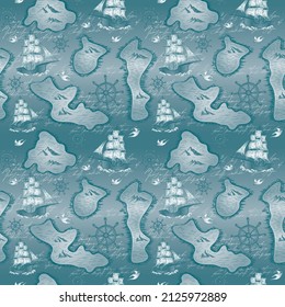 Marine nautical doodle sailing boats, islands, steering wheels and seagulls seamless pattern. Cartoon style vector illustration.