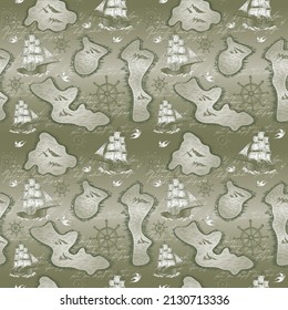 Marine nautical doodle sailing boats, islands, steering wheels and seagulls seamless pattern. Cartoon style vector illustration.