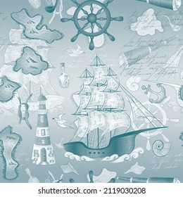 Marine nautical doodle seamless pattern. Cartoon style vector illustration.