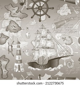 Marine nautical doodle seamless pattern. Cartoon grunge style vector illustration.