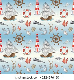 Marine nautical doodle seamless pattern. Cartoon style vector illustration.