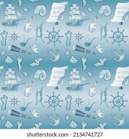 Marine nautical doodle seamless pattern. Cartoon style vector illustration.