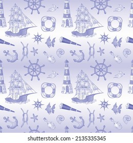 Marine nautical doodle seamless pattern. Cartoon style vector illustration.