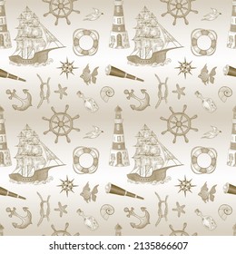 Marine nautical doodle seamless pattern. Cartoon style vector illustration.