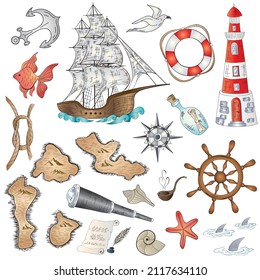 Marine nautical doodle set collection elements isolated on white background. Cartoon style vector illustration.