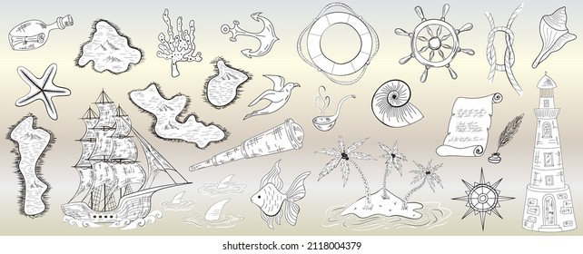 Marine nautical doodle set collection elements on pearl background. Cartoon style vector illustration.