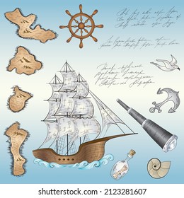 Marine nautical doodle set composition. Cartoon style vector illustration.