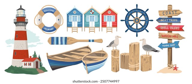 Marine nautical elements set.  Seagulls on poles. A beach signpost with arrows. A lifebuoy with an inscription. Waterfront houses. A coastal scene with a lighthouse and boats. Illustrated clipart. 