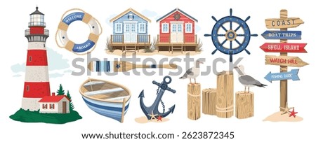 Marine nautical elements set.  Seagulls on poles. A beach signpost with arrows. A lifebuoy with an inscription. Waterfront houses. A coastal scene with a lighthouse and boats. Hand draw no ai.