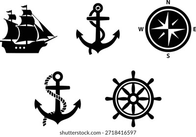 Vector de símbolos de Elementos marinos y náuticos. Diseño de viaje de transporte marítimo. Símbolo de barco y ancla. Brújula y volante.