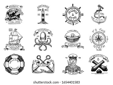 Marine and nautical emblems. Set of engraved vintage, hand drawn old sea, ocean labels or badges. Life ring, cannon ball, captain with pipe. Welcome aboard, two anchors, sailor. 