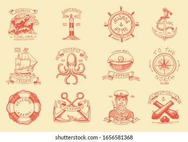 Marine and nautical emblems. Set of engraved vintage, hand drawn old sea, ocean labels or badges. Life ring, cannon ball, captain with pipe. Welcome aboard, two anchors, sailor. 