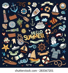 Marine nautical hand drawn vector symbols and objects