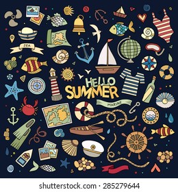 Marine nautical hand drawn vector symbols and objects