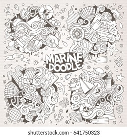 Marine nautical hand drawn vector symbols and objects