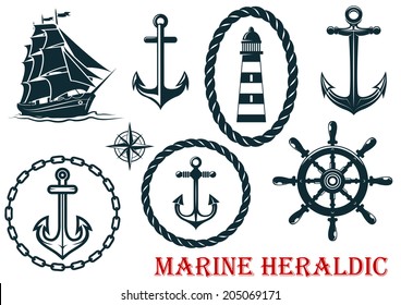 Marine and nautical heraldic and logo elements - ropes, lighthouse, anchors, sheep and steering wheel - isolated on white