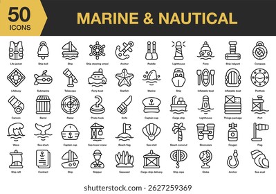 Marine And Nautical icon set. Includes sea, ocean, marine, nautical, water, seamless, and More. Outline icons vector collection.
