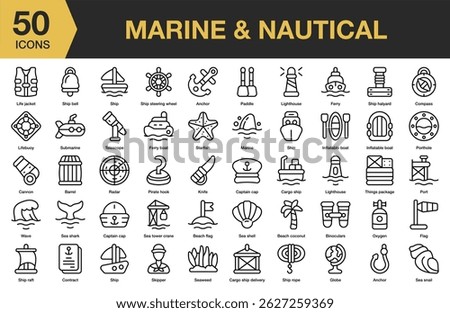 Marine And Nautical icon set. Includes sea, ocean, marine, nautical, water, seamless, and More. Outline icons vector collection.