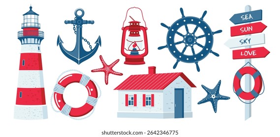 Marine Nautical items set : lighthouse, cabin, anchor with chain, captain's wheel, starfish, oil lamp, lifebuoy, road sign. Marine set in red and blue colors. Illustrated clipart. Hand draw no ai.