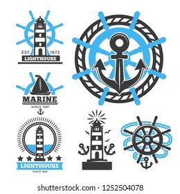 Marine and nautical logo templates or heraldic symbols. Vector isolated icons of ship anchor, helm and captain spyglass, sailing lighthouse or life buoy and sailboat trident or seafarer compass