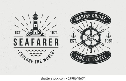 Marine, Nautical logo templates. Old vintage Lighthouse and Ship Wheel logo with grunge texture and light rays. Print for t-shirt, typography. Nautical emblems. Vector illustration