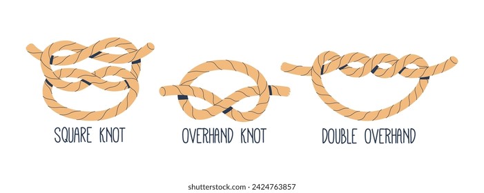 Marine Nautical Nodes. Isolated Vector Square, Overhand and Double Overhand Knots for Maritime Navigation