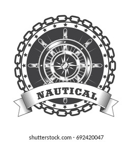 Marine nautical retro vintage logo with ship steering wheel and chains. Vector illustration.