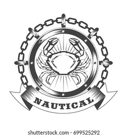 Marine nautical retro vintage logo with sea crab and ship steering wheel. Vector illustration.