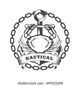 Marine nautical retro vintage logo with sea crab and ship anchor with chain. Vector illustration.