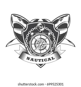 Marine nautical retro vintage logo with sharks, anchors, ship steering wheel and compass rose. Vector illustration.