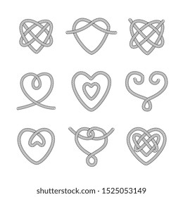 Marine or nautical rope knots sketch set with different hitches and bends on white background isolated vector illustration. Beautifully twisted sea or decorative knots.