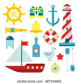 Marine nautical sailor symbols and vector flat icons set