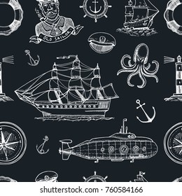 Marine and nautical or sea, ocean emblems. seamless pattern. set of engraved vintage, hand drawn, old, labels or badges for a life ring, a cannon ball, a captain seagoing ship.