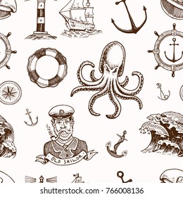 Marine and nautical or sea, ocean emblems. seamless pattern. set of engraved vintage, hand drawn, old, labels or badges for a life ring, a cannon ball, a captain with a pipe.