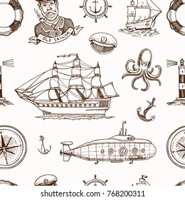 Marine and nautical or sea, ocean emblems. seamless pattern. set of engraved vintage, hand drawn, old, labels or badges for a life ring, a cannon ball, a captain seagoing ship.