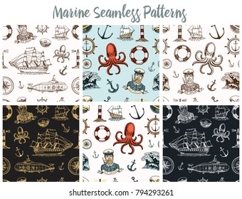 Marine and nautical or sea, ocean emblems. seamless pattern. set of engraved vintage, hand drawn, old, labels or badges for a life ring, a cannon ball, a captain with a pipe.