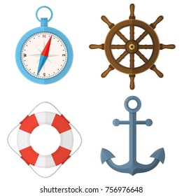 Marine, nautical, sea, ocean set. Steering wheel, lifebuoy, compass, anchor. Flat style vector color illustration isolated on white.