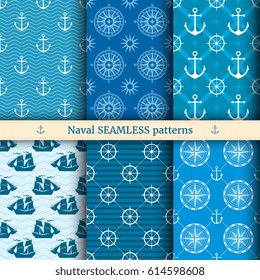 Marine, nautical, sea vector seamless patterns set. Nautical background collection, illustration of ocean marine background