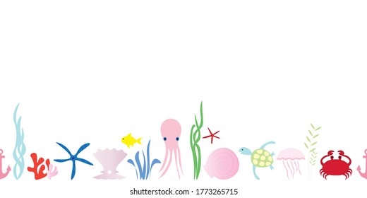 marine nautical seamless border in vector. summer frame.under the sea horizontal border.
