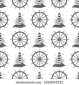 Marine nautical seamless pattern background design with vintage lighthouse and wheel. Vector illustration