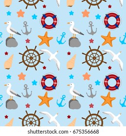 Marine nautical seamless pattern, blue background with random repeated elements: life buoy ring, anchor, steering wheel, starfish, sea gull, shell, stone. Good for textile fabric and paper print.