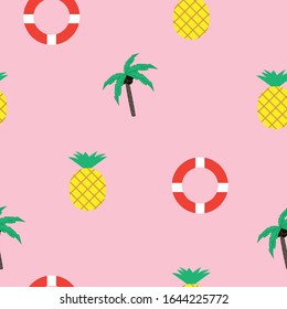 Marine nautical seamless pattern with lifebuoys, palms, pineapples. Summer pattern for textile, fabric, wrapping, wallpaper, kids fashion design