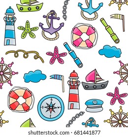 Marine and nautical seamless pattern. Sea or ocean theme background. Doodle style vector illustration