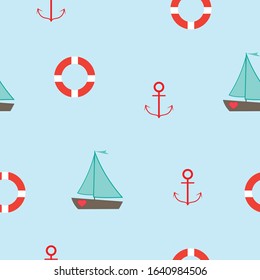Marine nautical seamless pattern with ships, anchors, and lifebuoys. Summer pattern for textile, fabric, wrapping, wallpaper, kids fashion design